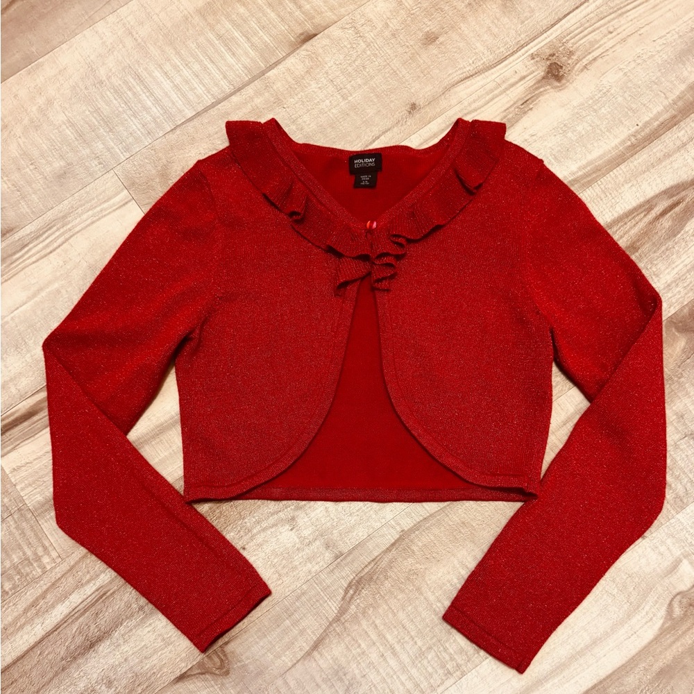 Girls Red Sparkly Cropped Cardigan